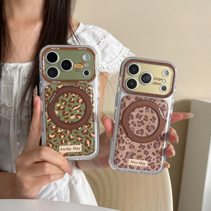 【レトロ】ヒョウ柄 レザー調 リングスタンド Magnet内蔵 iPhoneケース｜韓国っぽ・ブラウン系 レオパード PCA #261287