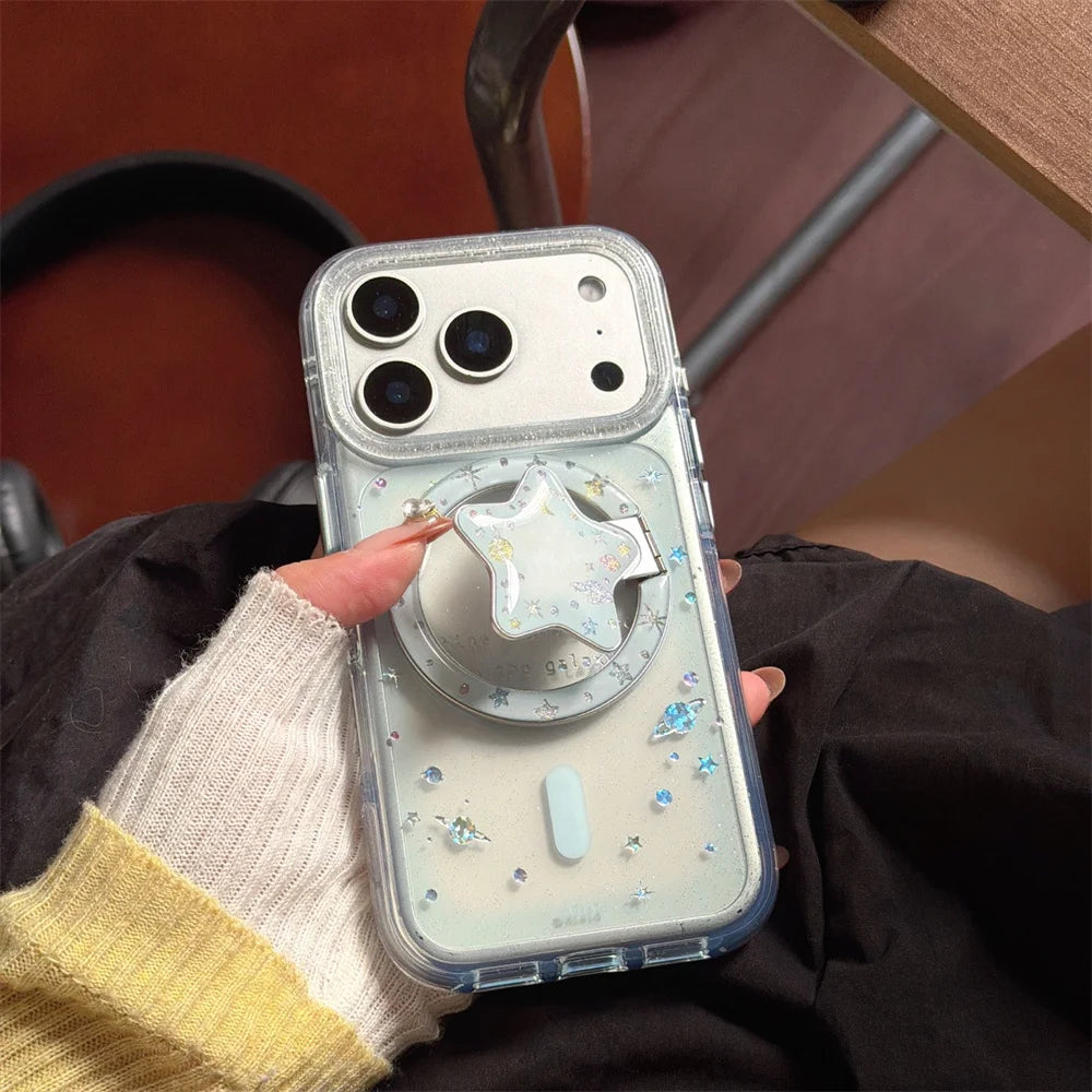 【Magnet内蔵】3D スターグリッターホルダー クリア キラキラ スマホケース｜iPhone対応 #240926
