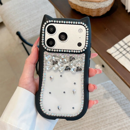 猫耳シリーズ キラキラ リボン ビジューストラップ付き カラーフレーム クリア iPhoneケース #230721