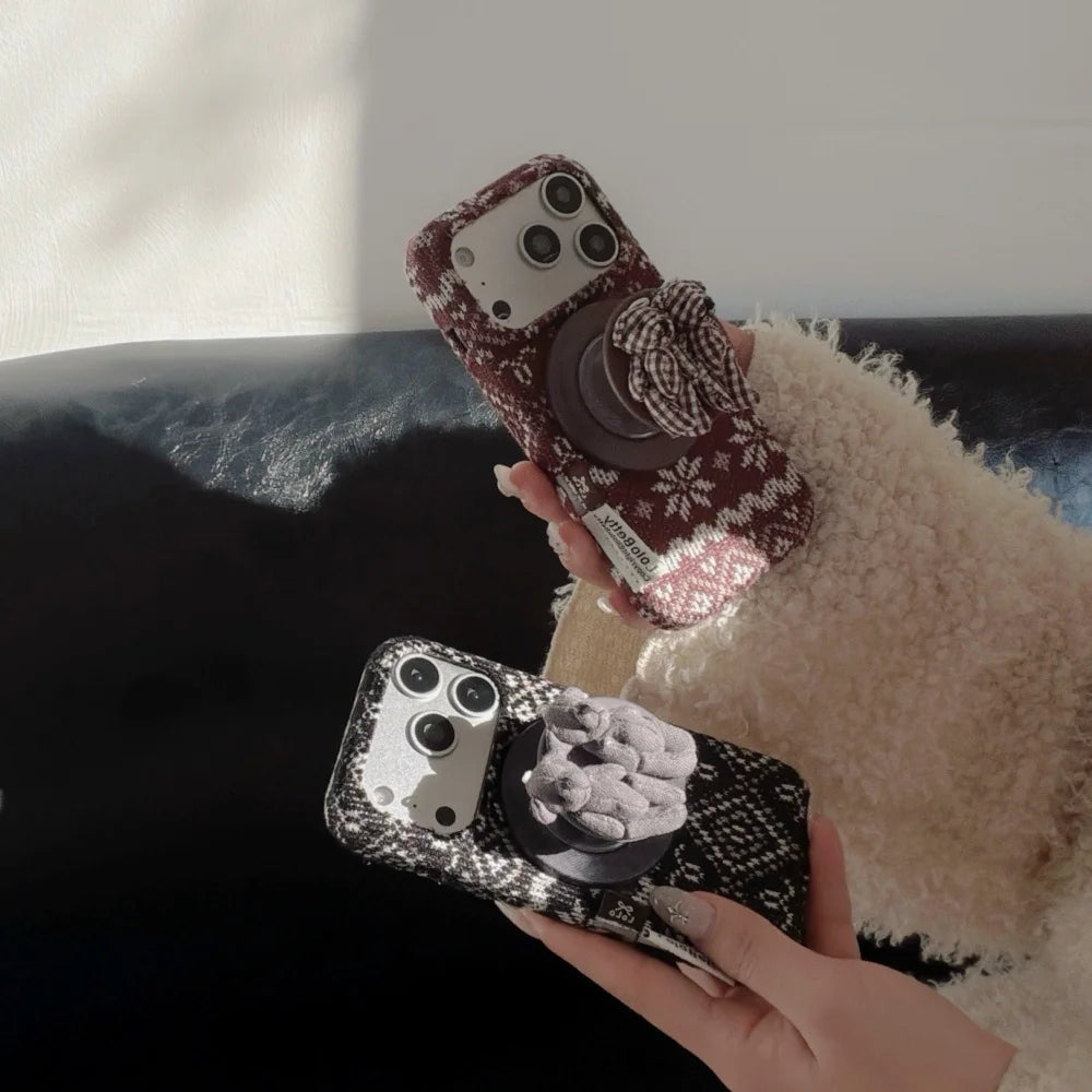 クラシックニット ベアグリップ iPhoneケース｜秋冬ツイード風デザイン #240416