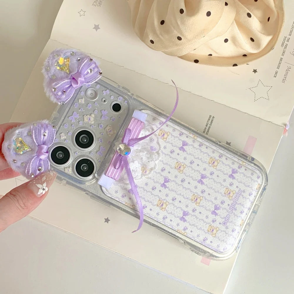 ネコ耳 ガーリー ベア ラビット レース iPhoneケース｜立体リボン＆透明ハードカバー #240425