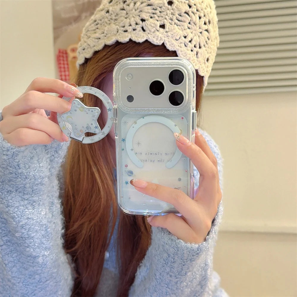 【Magnet内蔵】3D スターグリッターホルダー クリア キラキラ スマホケース｜iPhone対応 #240926
