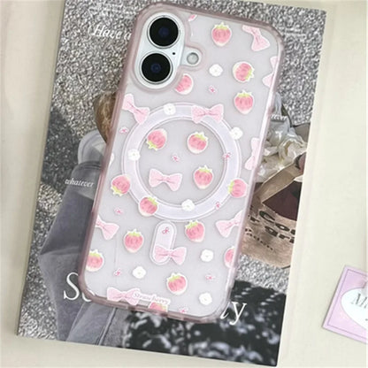 【いちごモチーフ】ゆめかわ立体スタンド付き リボンケース｜iPhone対応 #250507