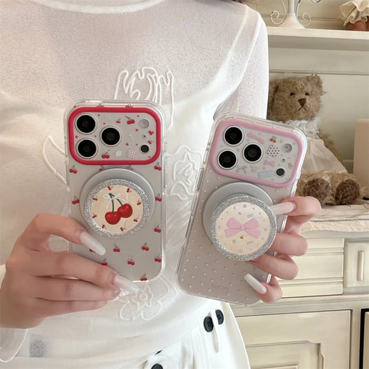 チェリー＆リボン キラキラ Magnet対応 グリップ付き クリア ドット iPhoneケース｜ガーリー・韓国デザイン #231121