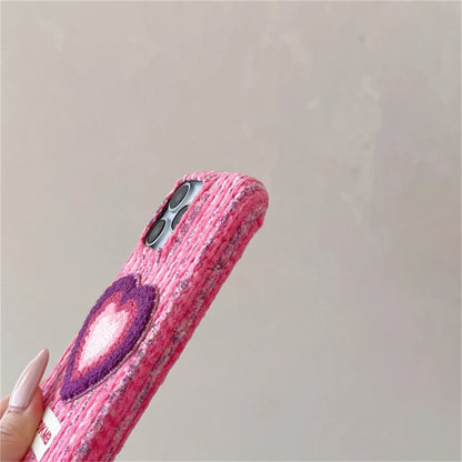 【ハートニットポンポン】もこもこ カラフルハート×ふわふわチャーム Y2K スマホケース｜iPhone対応 #250105