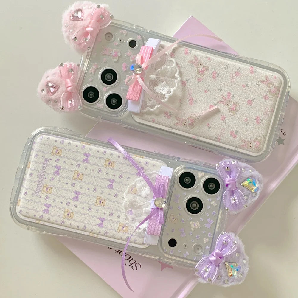 ネコ耳 ガーリー ベア ラビット レース iPhoneケース｜立体リボン＆透明ハードカバー #240425