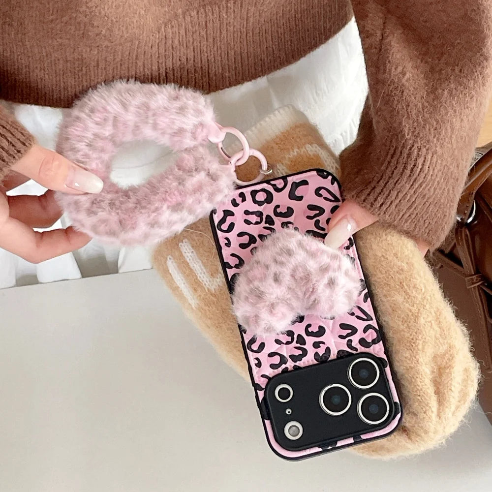 ファーハート付き ピンクレオパード ヒョウ柄 iPhoneケース #240507