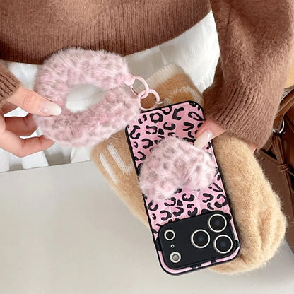 ファーハート付き ピンクレオパード ヒョウ柄 iPhoneケース #240507