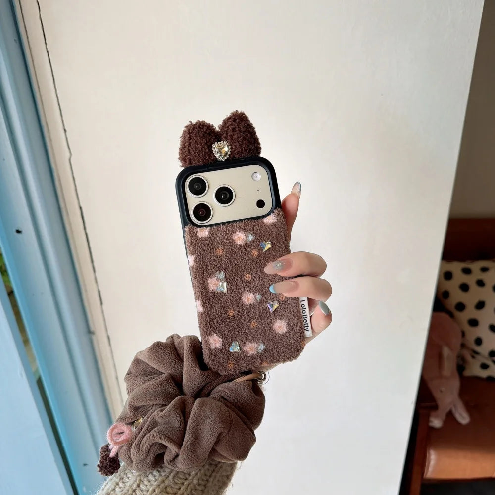 フラワー iPhoneケース｜花柄 ボア素材・シュシュチャーム付き #240531
