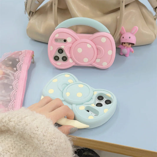 立体リボン ドット柄 ハンドル付き シリコン iPhoneケース｜ゆめかわ・パステル #261279　