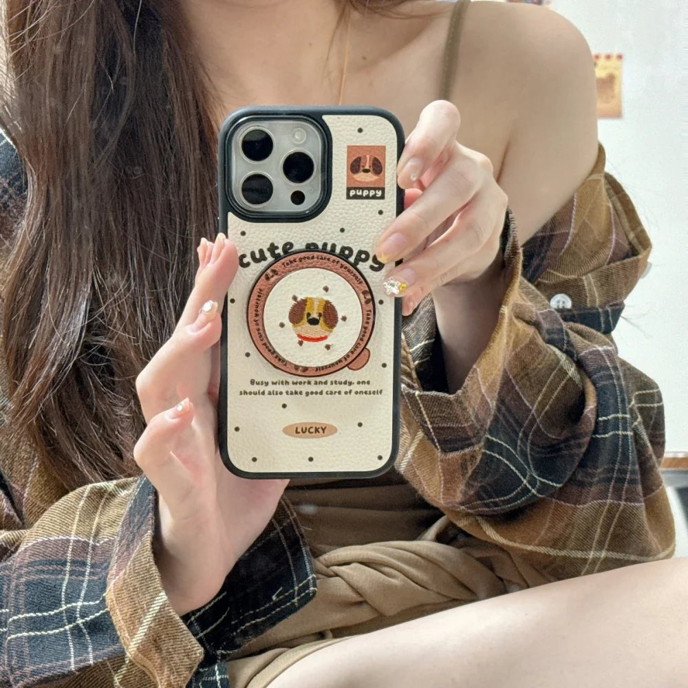 【Magnet内蔵】キュートパピー ベージュ ドット×イラスト ゆるかわスマホケース｜iPhone対応 #241028
