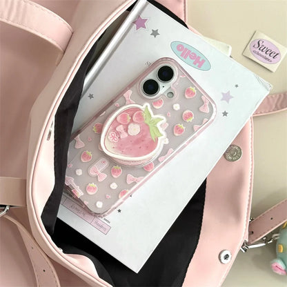 【いちごモチーフ】ゆめかわ立体スタンド付き リボンケース｜iPhone対応 #250507