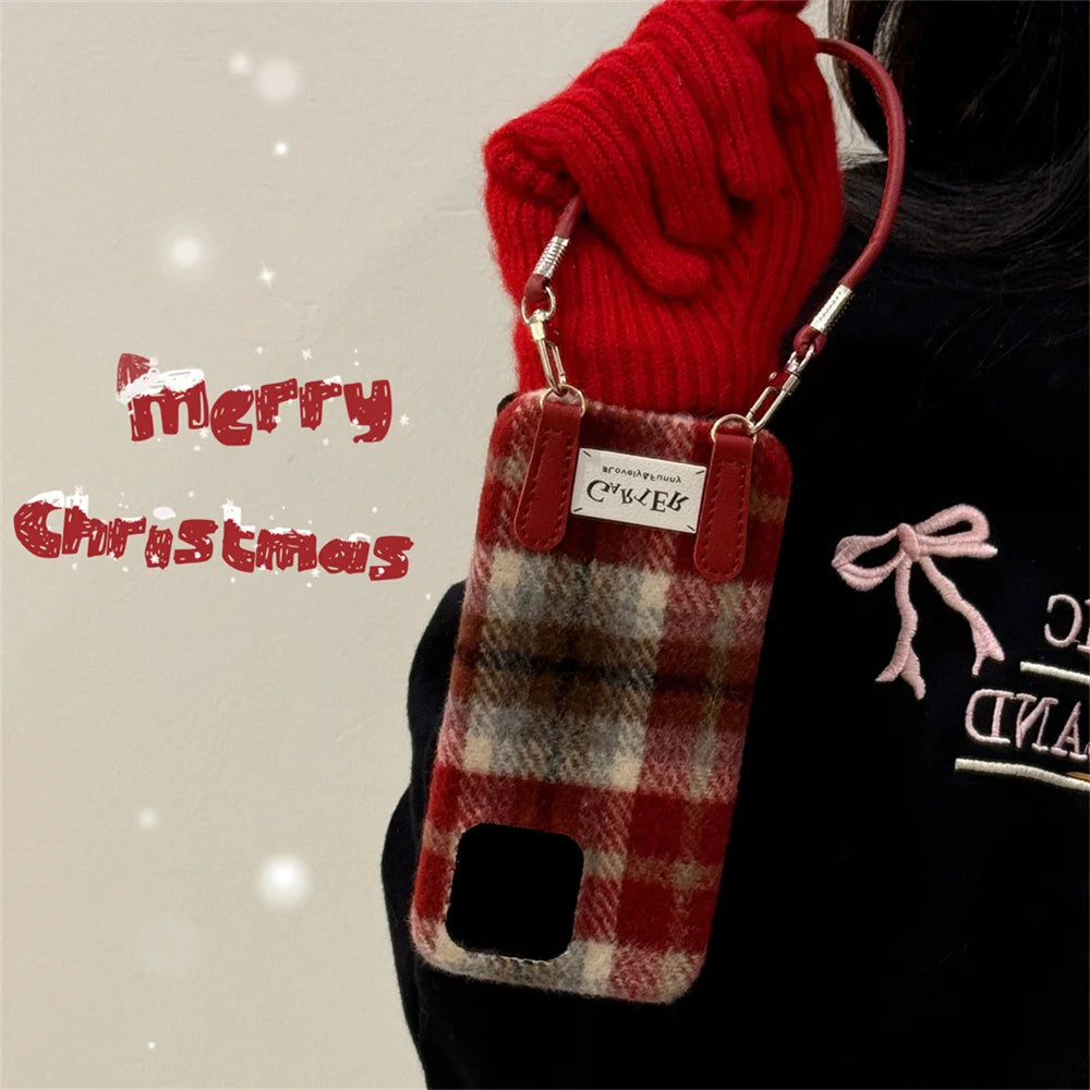 【チェックストラップ】フェルト チェック × ストラップ付き スマホケース｜iPhone対応 #250107