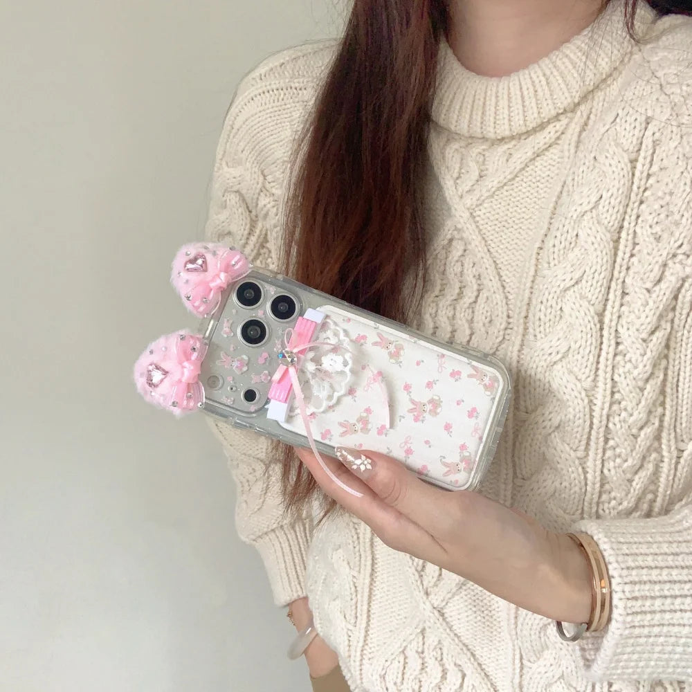 ネコ耳 ガーリー ベア ラビット レース iPhoneケース｜立体リボン＆透明ハードカバー #240425