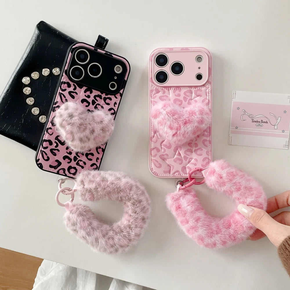 ファーハート付き ピンクレオパード ヒョウ柄 iPhoneケース #240507