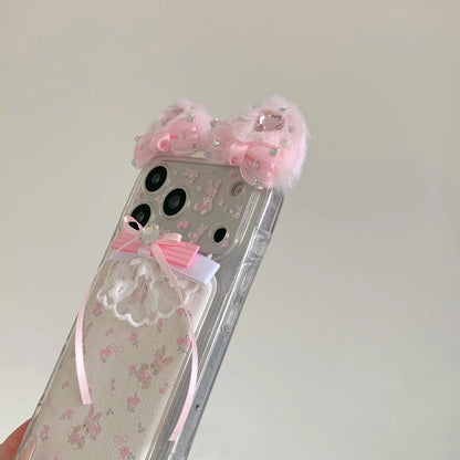 ネコ耳 ガーリー ベア ラビット レース iPhoneケース｜立体リボン＆透明ハードカバー #240425