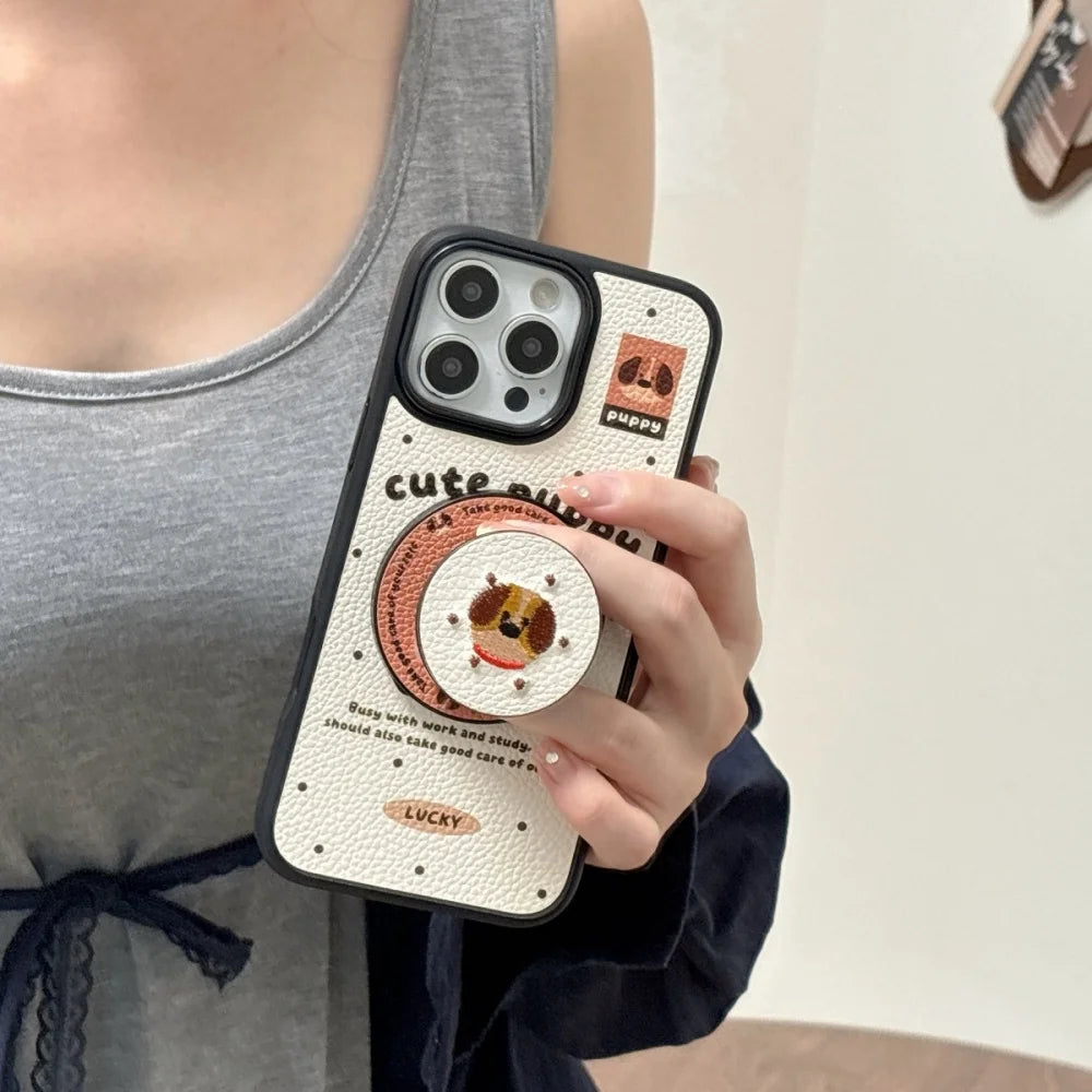 【Magnet内蔵】キュートパピー ベージュ ドット×イラスト ゆるかわスマホケース｜iPhone対応 #241028