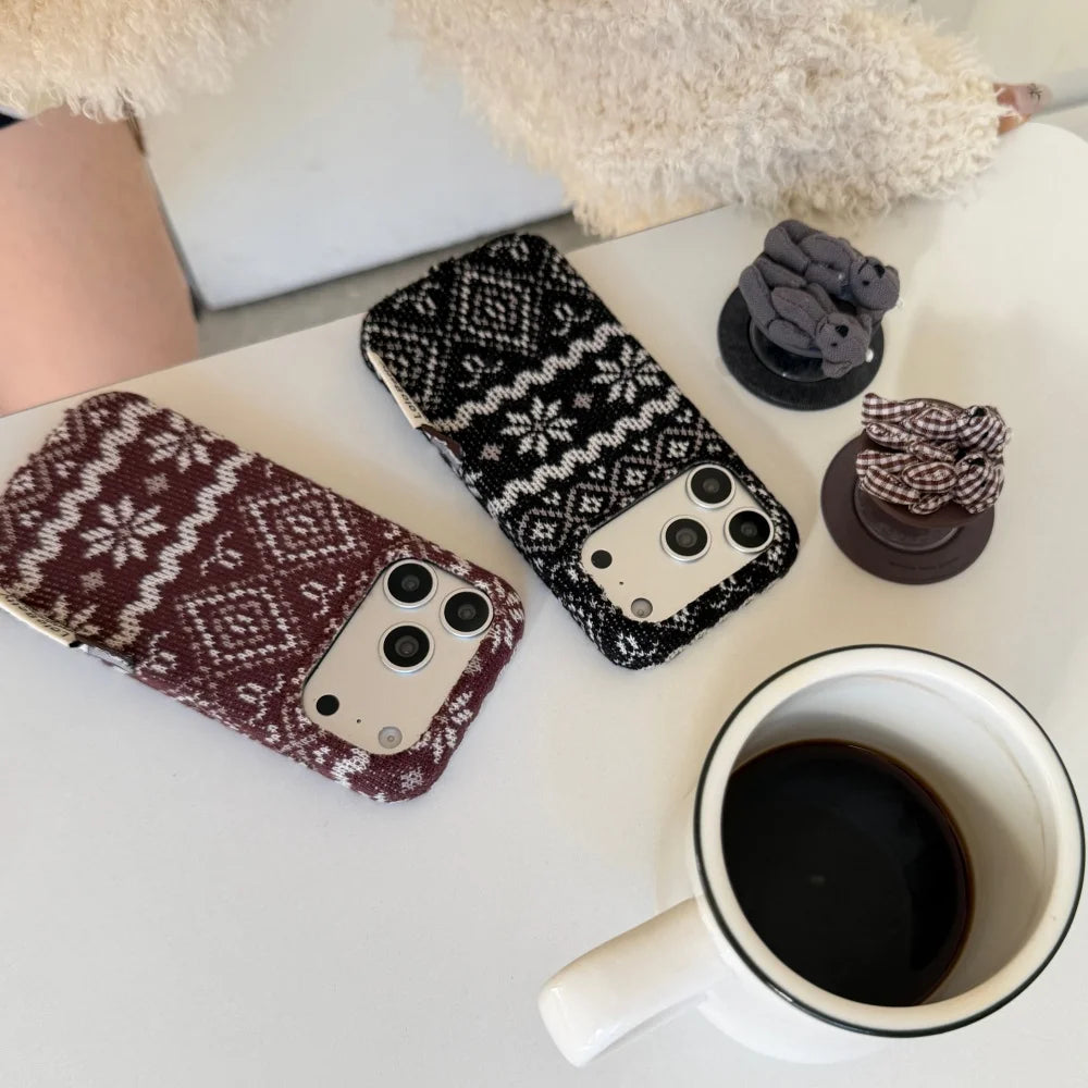 クラシックニット ベアグリップ iPhoneケース｜秋冬ツイード風デザイン #240416