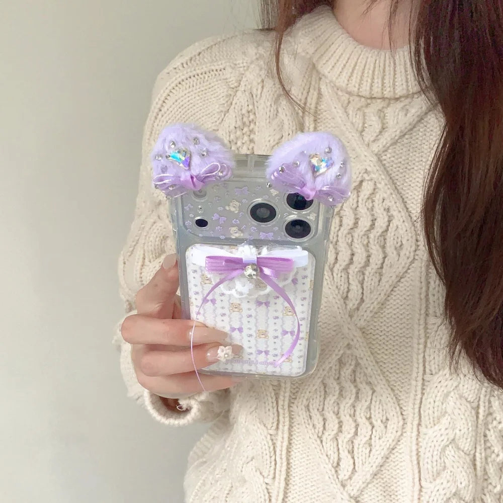 ネコ耳 ガーリー ベア ラビット レース iPhoneケース｜立体リボン＆透明ハードカバー #240425