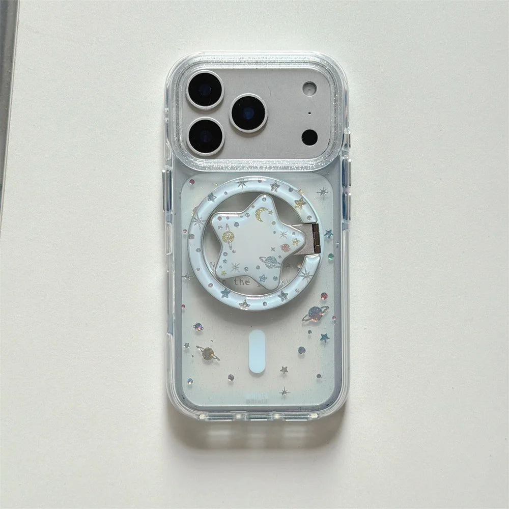 【Magnet内蔵】3D スターグリッターホルダー クリア キラキラ スマホケース｜iPhone対応 #240926