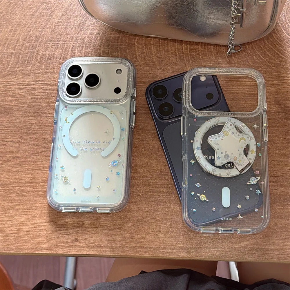 【Magnet内蔵】3D スターグリッターホルダー クリア キラキラ スマホケース｜iPhone対応 #240926