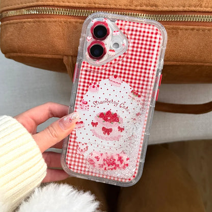 ストロベリーケーキ 流れるラメ iPhoneケース｜ギンガムチェック・キラキラデザイン #230830