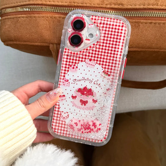 ストロベリーケーキ 流れるラメ iPhoneケース｜ギンガムチェック・キラキラデザイン #230830
