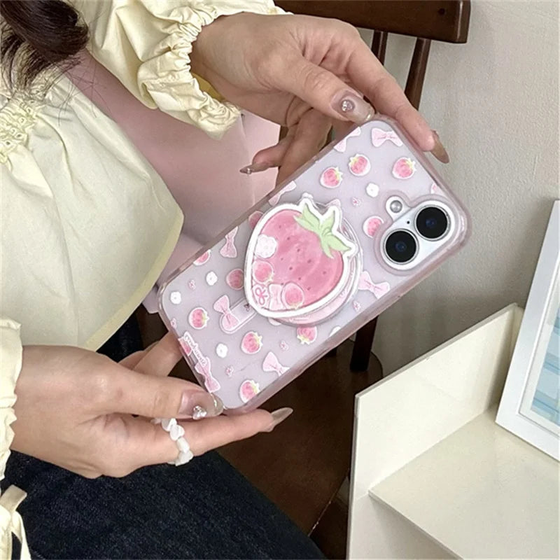 【いちごモチーフ】ゆめかわ立体スタンド付き リボンケース｜iPhone対応 #250507