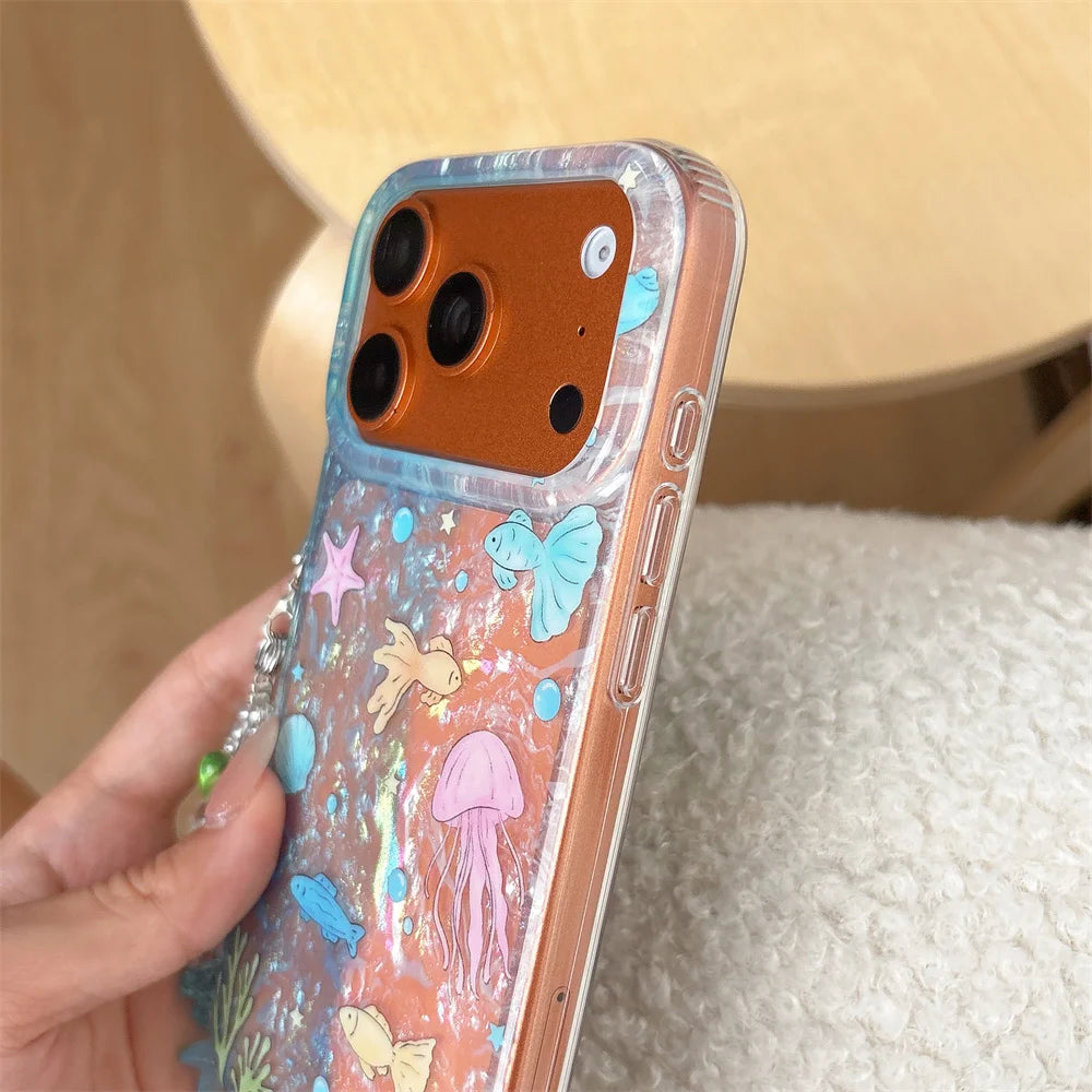 海の生き物 水彩デザイン チェーンケース付き iPhoneケース｜マリン・ガーリー #260096