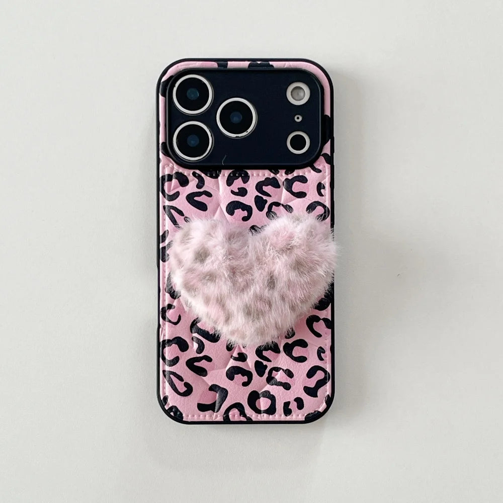 ファーハート付き ピンクレオパード ヒョウ柄 iPhoneケース #240507 ファーハート付き ピンクレオパード ヒョウ柄 iPhoneケース #240507