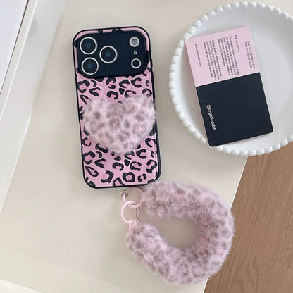 ファーハート付き ピンクレオパード ヒョウ柄 iPhoneケース #240507