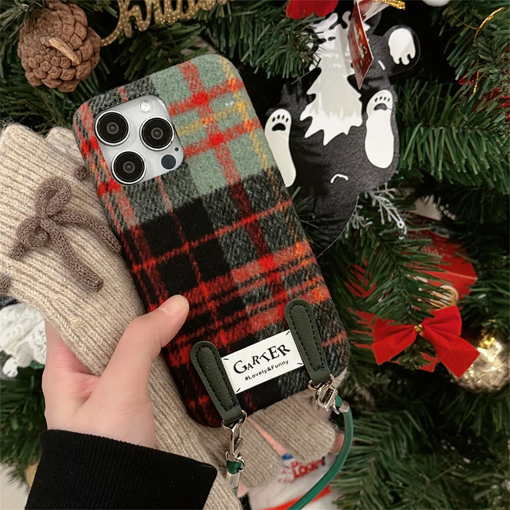 【チェックストラップ】フェルト チェック × ストラップ付き スマホケース｜iPhone対応 #250107