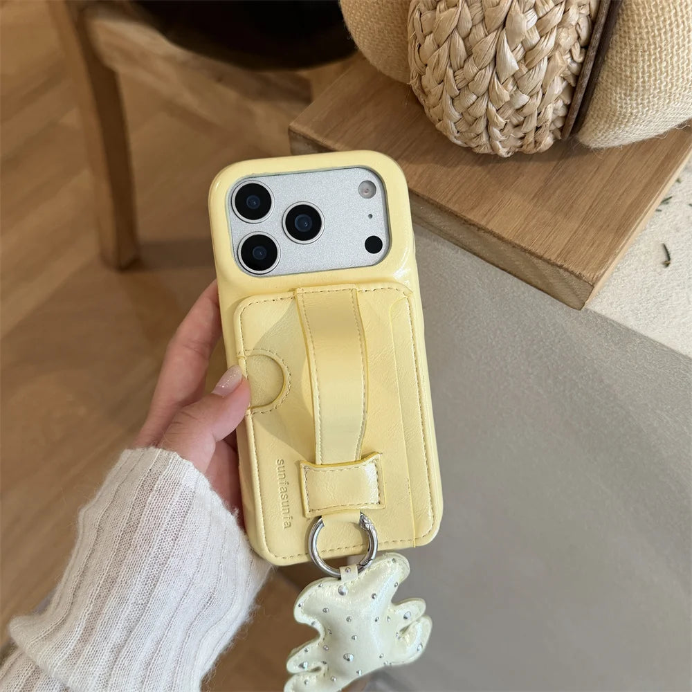 ベアチャーム ハンドベルト付き カードホルダー iPhoneケース｜淡色レザー調 #260007