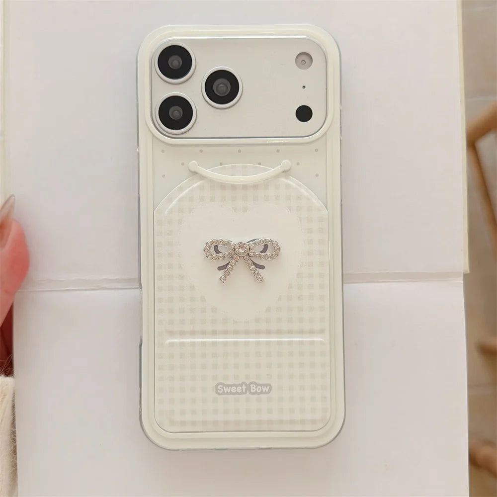 ビジューリボン 折りたたみスタンド iPhoneケース｜フェミニンデザイン #240323