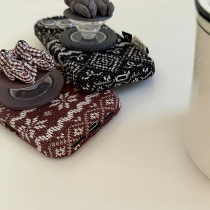 クラシックニット ベアグリップ iPhoneケース｜秋冬ツイード風デザイン #240416