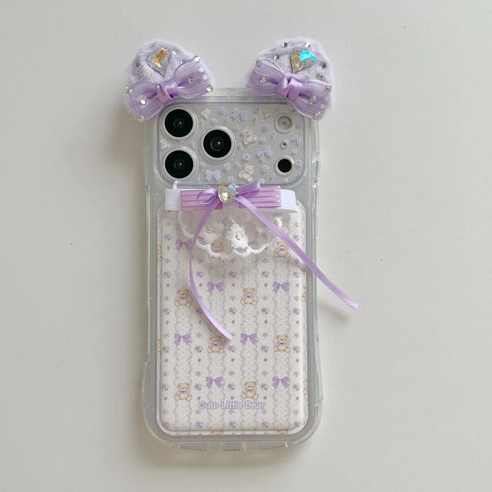 ネコ耳 ガーリー ベア ラビット レース iPhoneケース｜立体リボン＆透明ハードカバー #240425