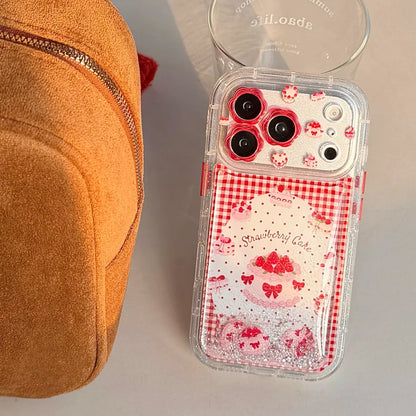 ストロベリーケーキ 流れるラメ iPhoneケース｜ギンガムチェック・キラキラデザイン #230830