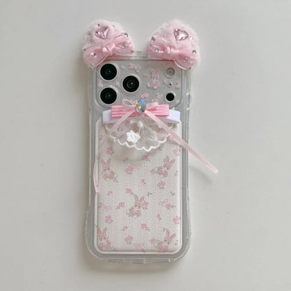 ネコ耳 ガーリー ベア ラビット レース iPhoneケース｜立体リボン＆透明ハードカバー #240425