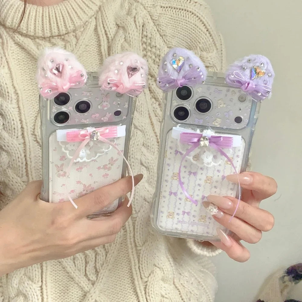 ネコ耳 ガーリー ベア ラビット レース iPhoneケース｜立体リボン＆透明ハードカバー #240425