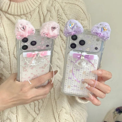 ネコ耳 ガーリー ベア ラビット レース iPhoneケース｜立体リボン＆透明ハードカバー #240425