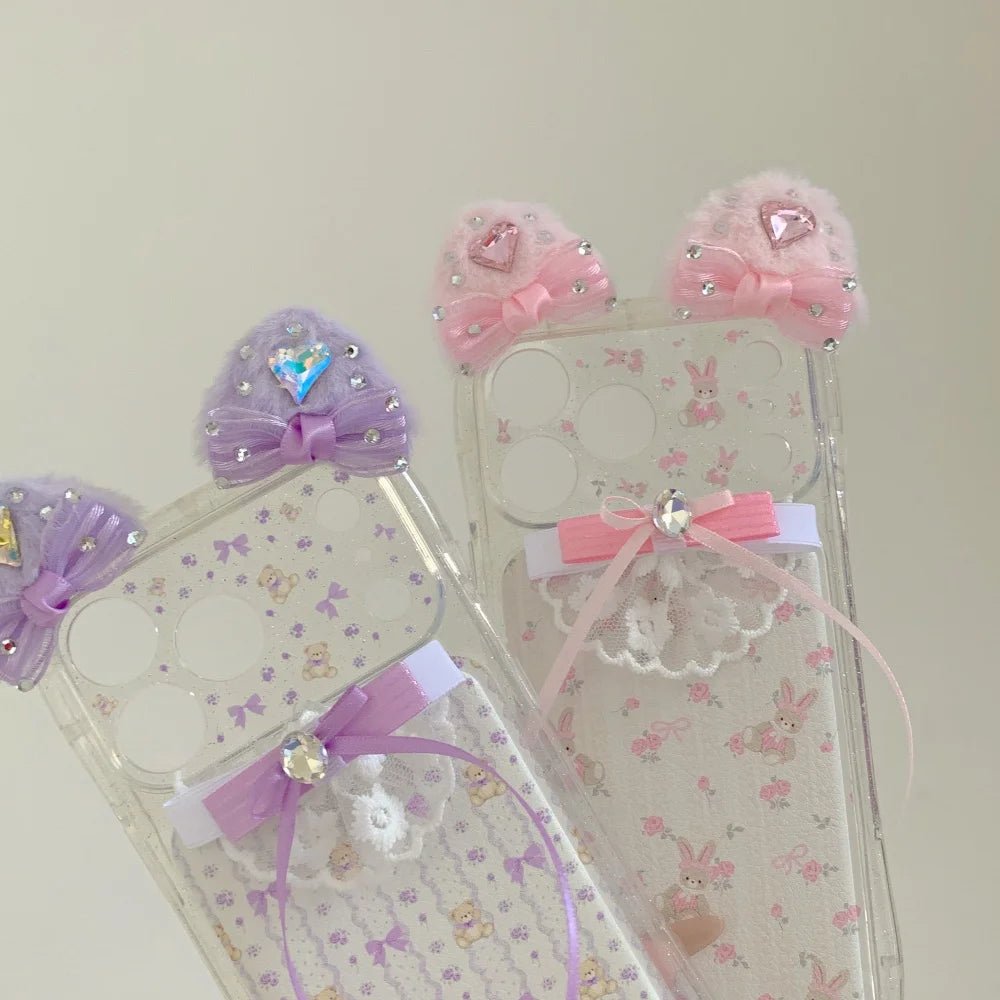 ネコ耳 ガーリー ベア ラビット レース iPhoneケース｜立体リボン＆透明ハードカバー #240425