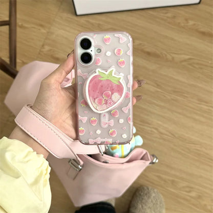 【いちごモチーフ】ゆめかわ立体スタンド付き リボンケース｜iPhone対応 #250507