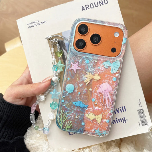 海の生き物 水彩デザイン チェーンケース付き iPhoneケース｜マリン・ガーリー #260096
