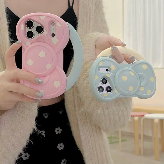 立体リボン ドット柄 ハンドル付き シリコン iPhoneケース｜ゆめかわ・パステル #261279　