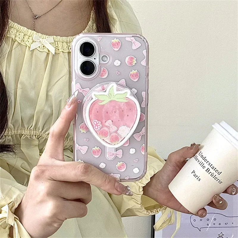 【いちごモチーフ】ゆめかわ立体スタンド付き リボンケース｜iPhone対応 #250507
