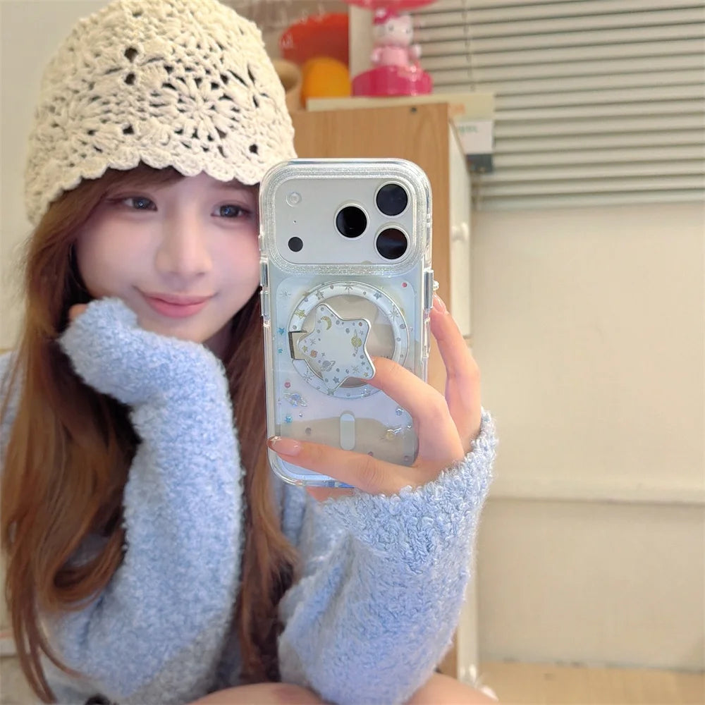 【Magnet内蔵】3D スターグリッターホルダー クリア キラキラ スマホケース｜iPhone対応 #240926