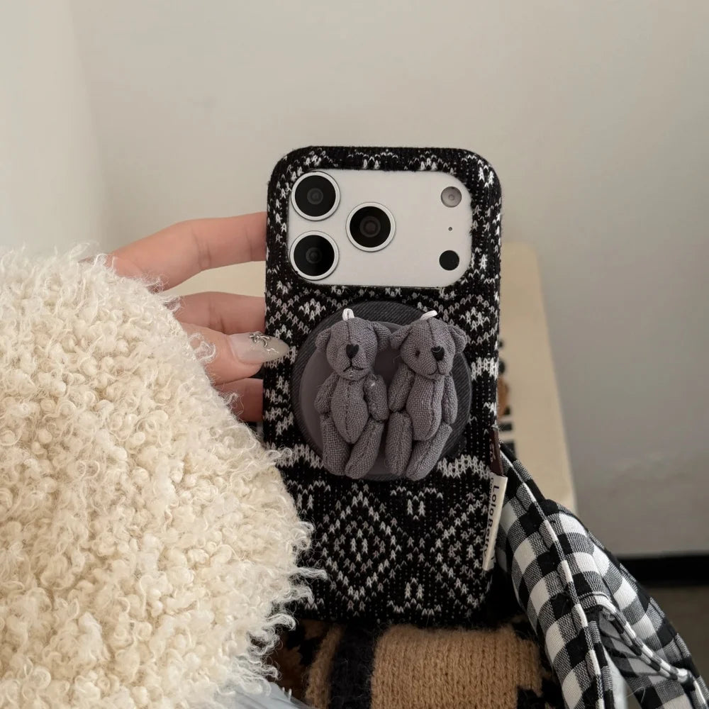 クラシックニット ベアグリップ iPhoneケース｜秋冬ツイード風デザイン #240416