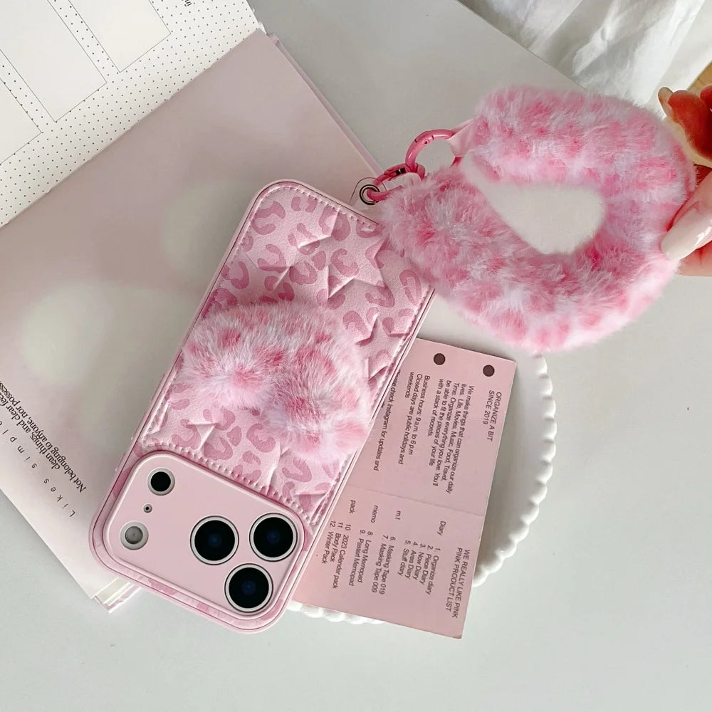 ファーハート付き ピンクレオパード ヒョウ柄 iPhoneケース #240507