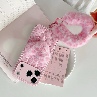 ファーハート付き ピンクレオパード ヒョウ柄 iPhoneケース #240507