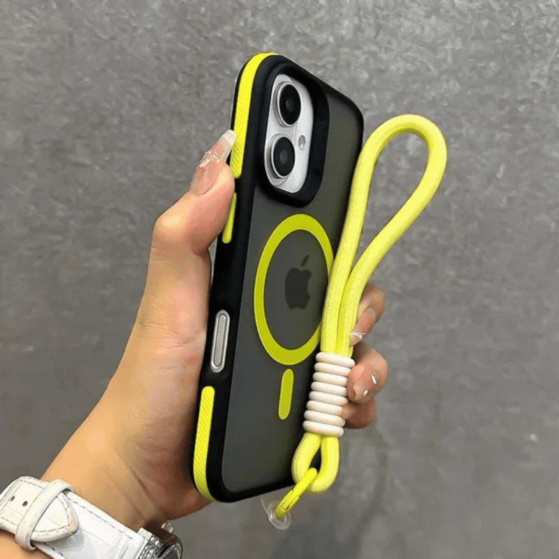 【スポーティで可愛い♪ 】ネオンアクセント マットブラック iPhoneケース｜ ストラップ付き ストリート映え #240411